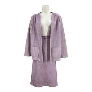 Vintage Skirt Suit Women 80s Office Academia Herringbone Blazer Size 16 Pink